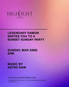 Legendary Damon Invites you to a Sunset Sunday Party music by Astro Raw